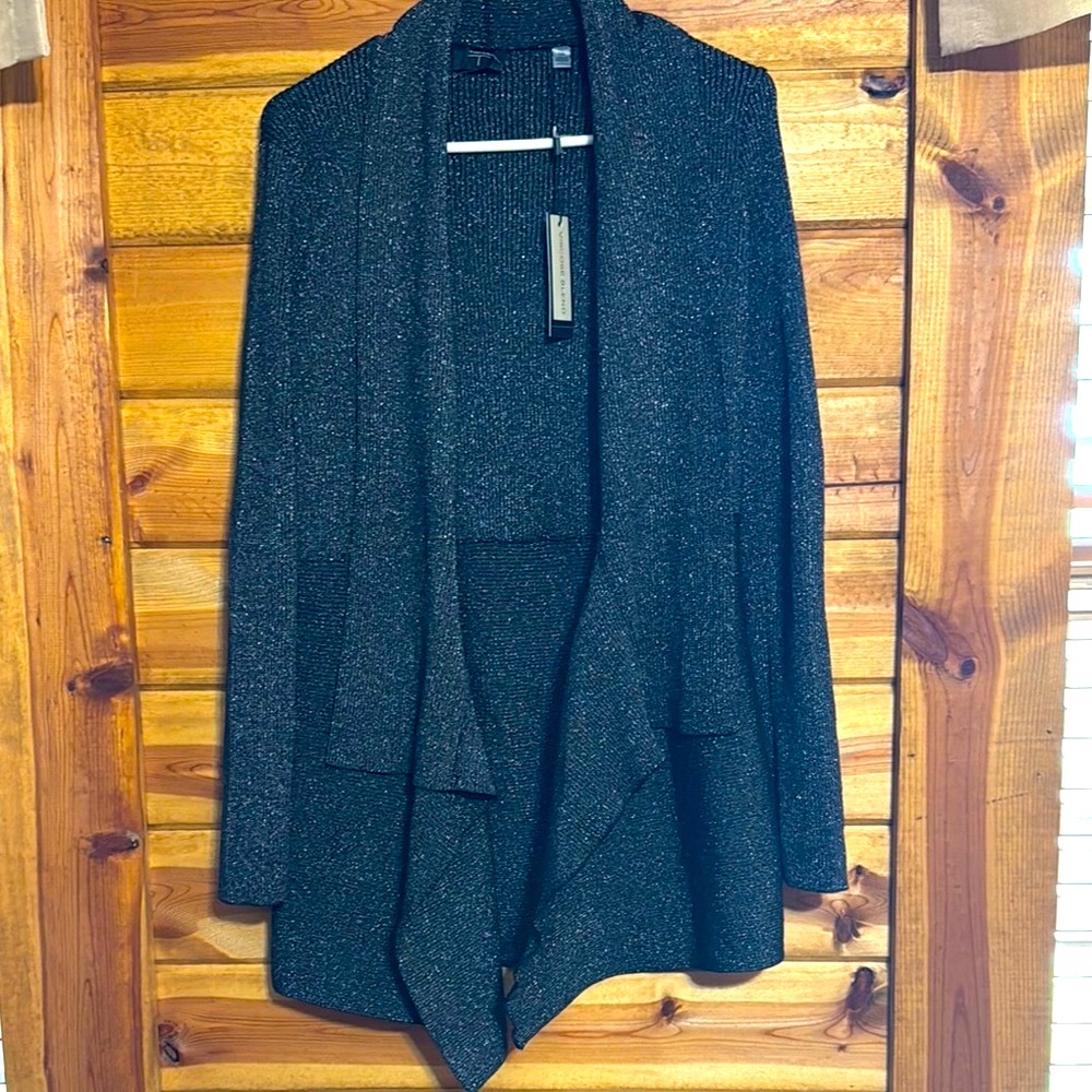 Womens Tahari Viscose Blend Black Cardigan Sweater with Waterfall Collar- Size L